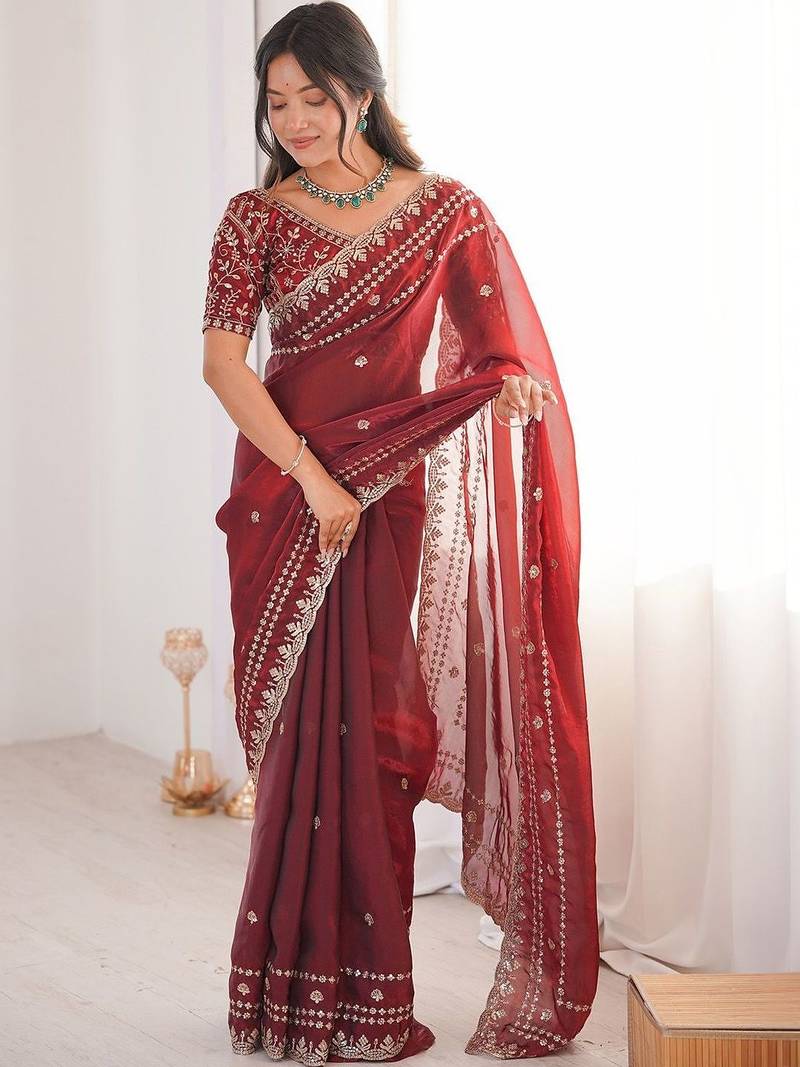 Maroon embellished embroidered satin designer saree