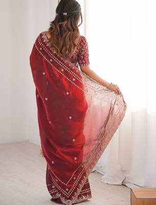 Maroon embellished embroidered satin designer saree 2