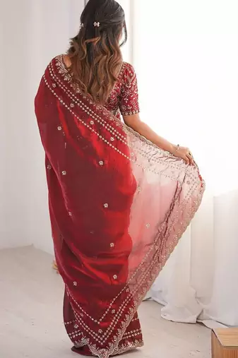 Maroon embellished embroidered satin designer saree