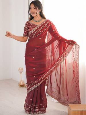 Maroon embellished embroidered satin designer saree 3
