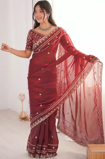 Maroon embellished embroidered satin designer saree