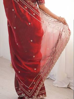 Maroon embellished embroidered satin designer saree 5