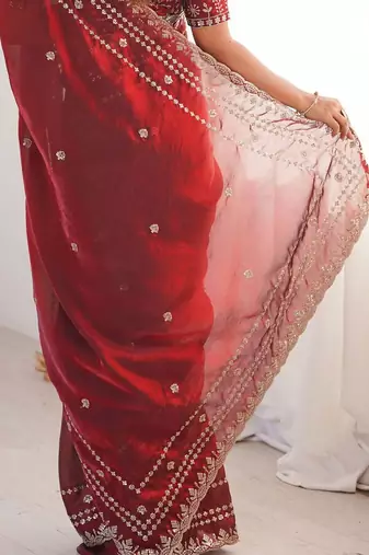 Maroon embellished embroidered satin designer saree