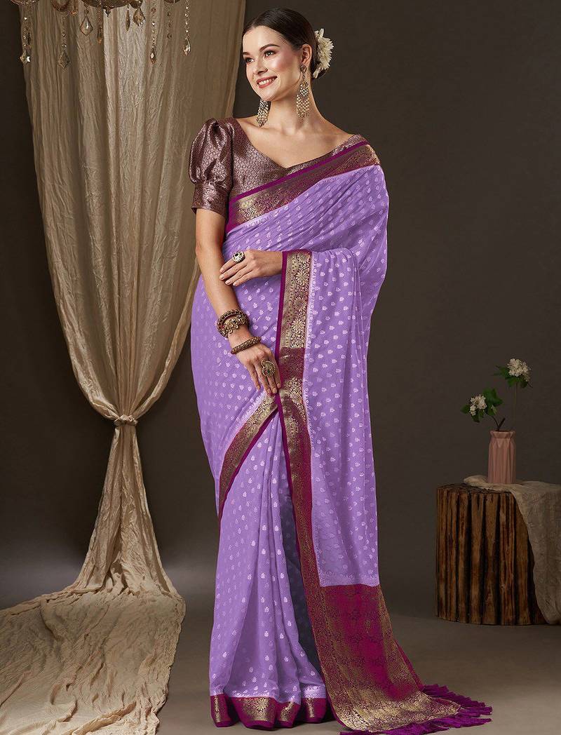 Lavender woven design zari  georgette kanjeevaram saree