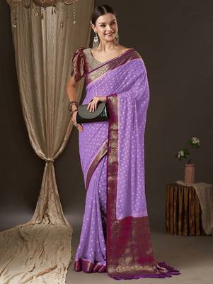 Lavender woven design zari  georgette kanjeevaram saree 3