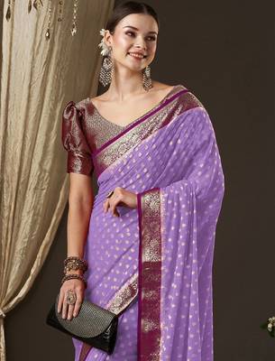Lavender woven design zari  georgette kanjeevaram saree 4