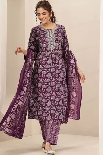 floral printed round neck mirror work straight kurta with trousers & dupatta