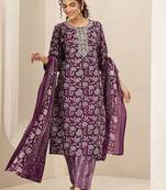 floral printed round neck mirror work straight kurta with trousers & dupatta
