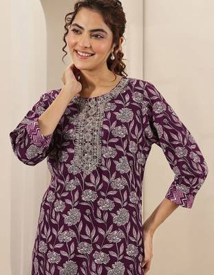 floral printed round neck mirror work straight kurta with trousers & dupatta 2