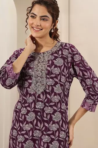 floral printed round neck mirror work straight kurta with trousers & dupatta