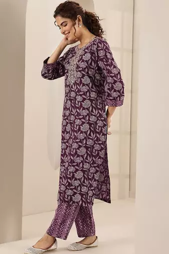 floral printed round neck mirror work straight kurta with trousers & dupatta