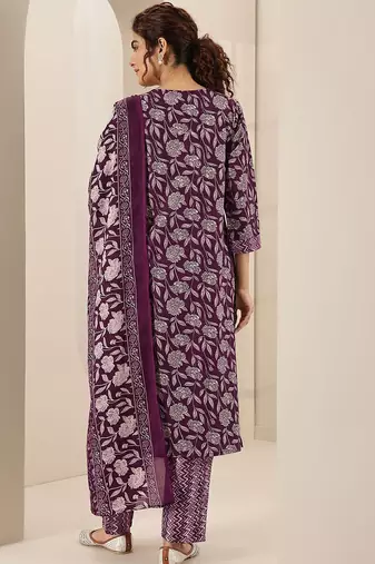 floral printed round neck mirror work straight kurta with trousers & dupatta