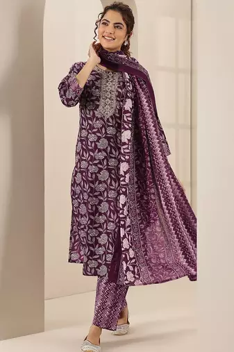 floral printed round neck mirror work straight kurta with trousers & dupatta