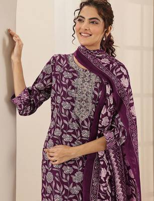 floral printed round neck mirror work straight kurta with trousers & dupatta 6