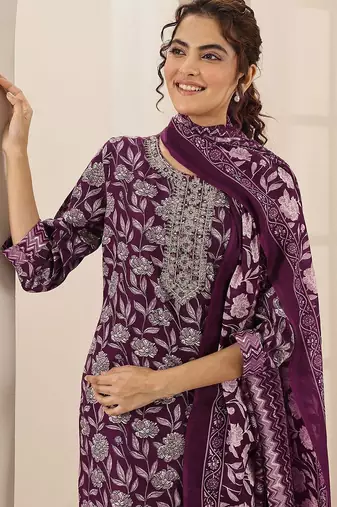 floral printed round neck mirror work straight kurta with trousers & dupatta