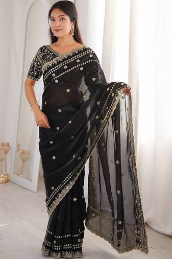 Black floral embroidered satin designer saree