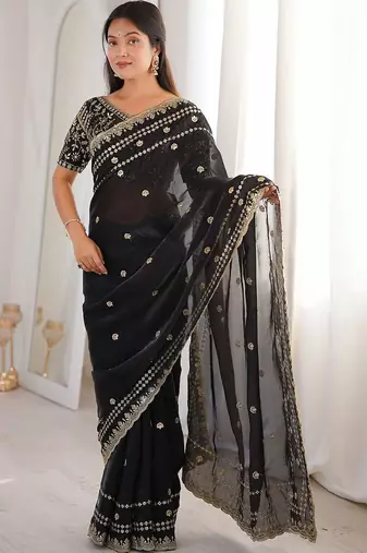 Black floral embroidered satin designer saree