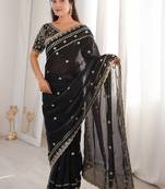 Black floral embroidered satin designer saree