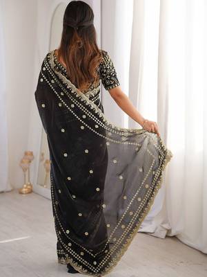 Black floral embroidered satin designer saree 2
