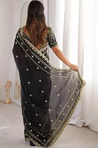 Black floral embroidered satin designer saree