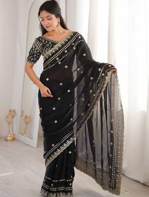 Black floral embroidered satin designer saree 3