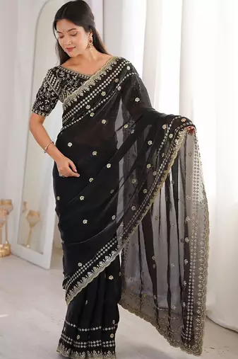 Black floral embroidered satin designer saree