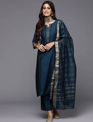 women woven design self design kurta with trousers & dupatta 1