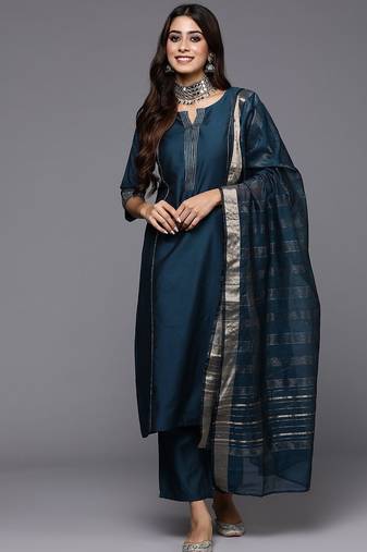 women woven design self design kurta with trousers & dupatta