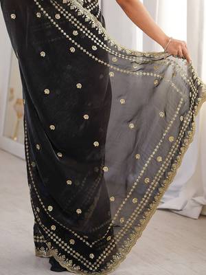 Black floral embroidered satin designer saree 5