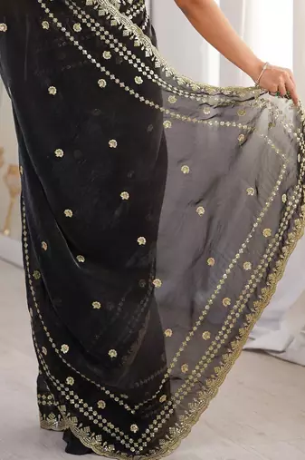 Black floral embroidered satin designer saree