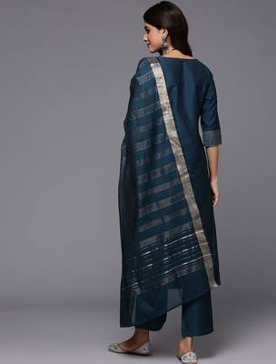 women woven design self design kurta with trousers & dupatta 6