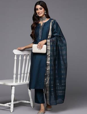 women woven design self design kurta with trousers & dupatta 7