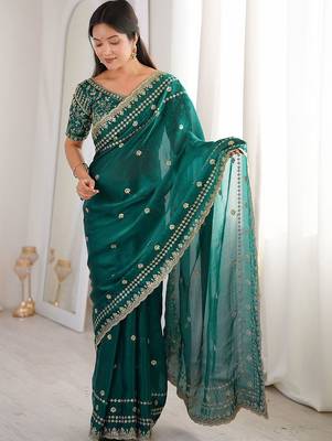 Teal embellished zari satin designer saree 1