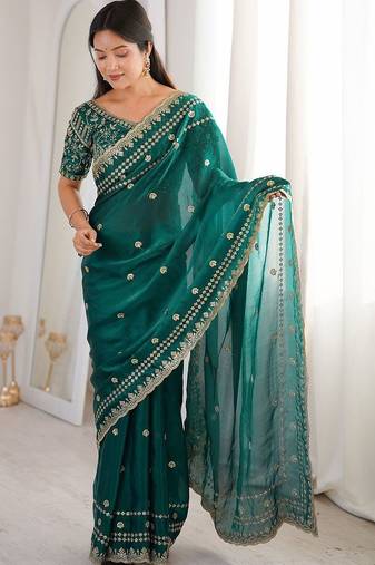 Teal embellished zari satin designer saree