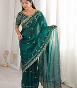 Teal embellished zari satin designer saree