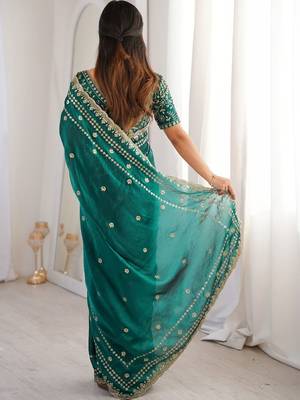 Teal embellished zari satin designer saree 2