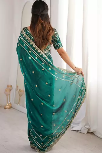 Teal embellished zari satin designer saree