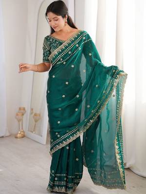 Teal embellished zari satin designer saree 3