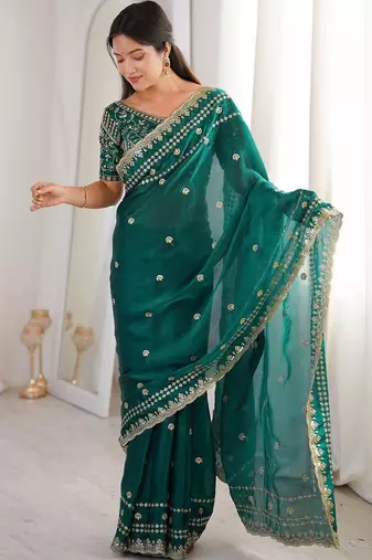 Teal embellished zari satin designer saree