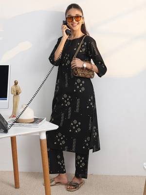 libas black printed straight kurta set 1