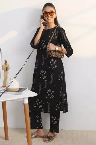libas black printed straight kurta set