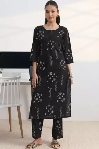 libas black printed straight kurta set