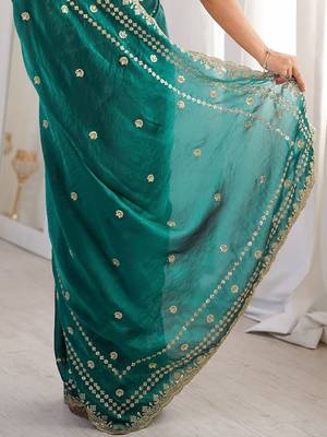 Teal embellished zari satin designer saree 5