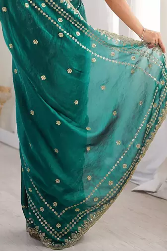Teal embellished zari satin designer saree