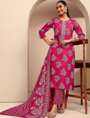 women floral printed regular thread work kurta with trousers & with dupatta 1