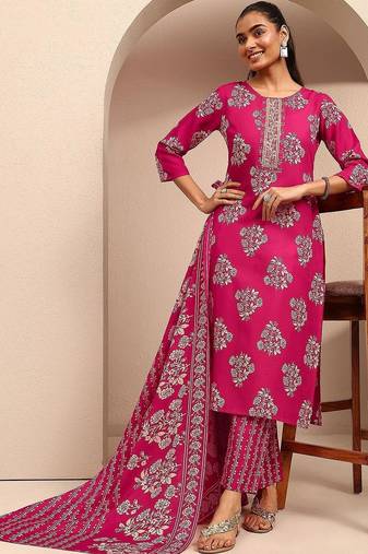 women floral printed regular thread work kurta with trousers & with dupatta