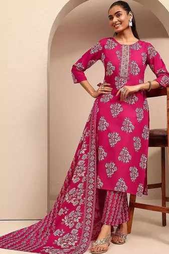 women floral printed regular thread work kurta with trousers & with dupatta