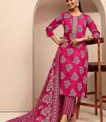 women floral printed regular thread work kurta with trousers & with dupatta