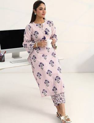 libas purple floral printed straight kurta set 1