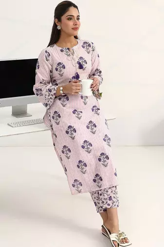 libas purple floral printed straight kurta set
